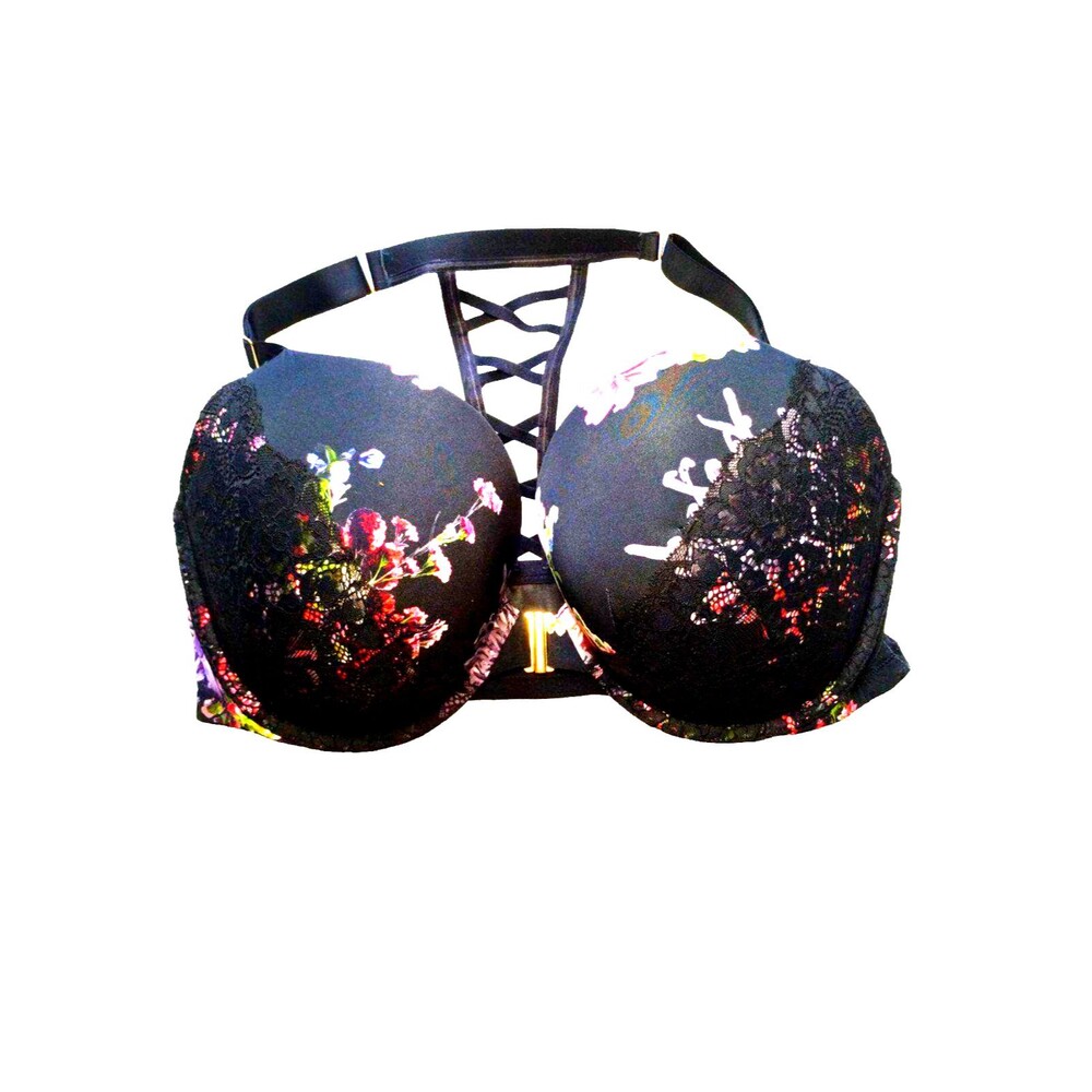 Cacique Bra 44F Racer Back Front Gold Bar Enclosure Black Floral Lace EUC